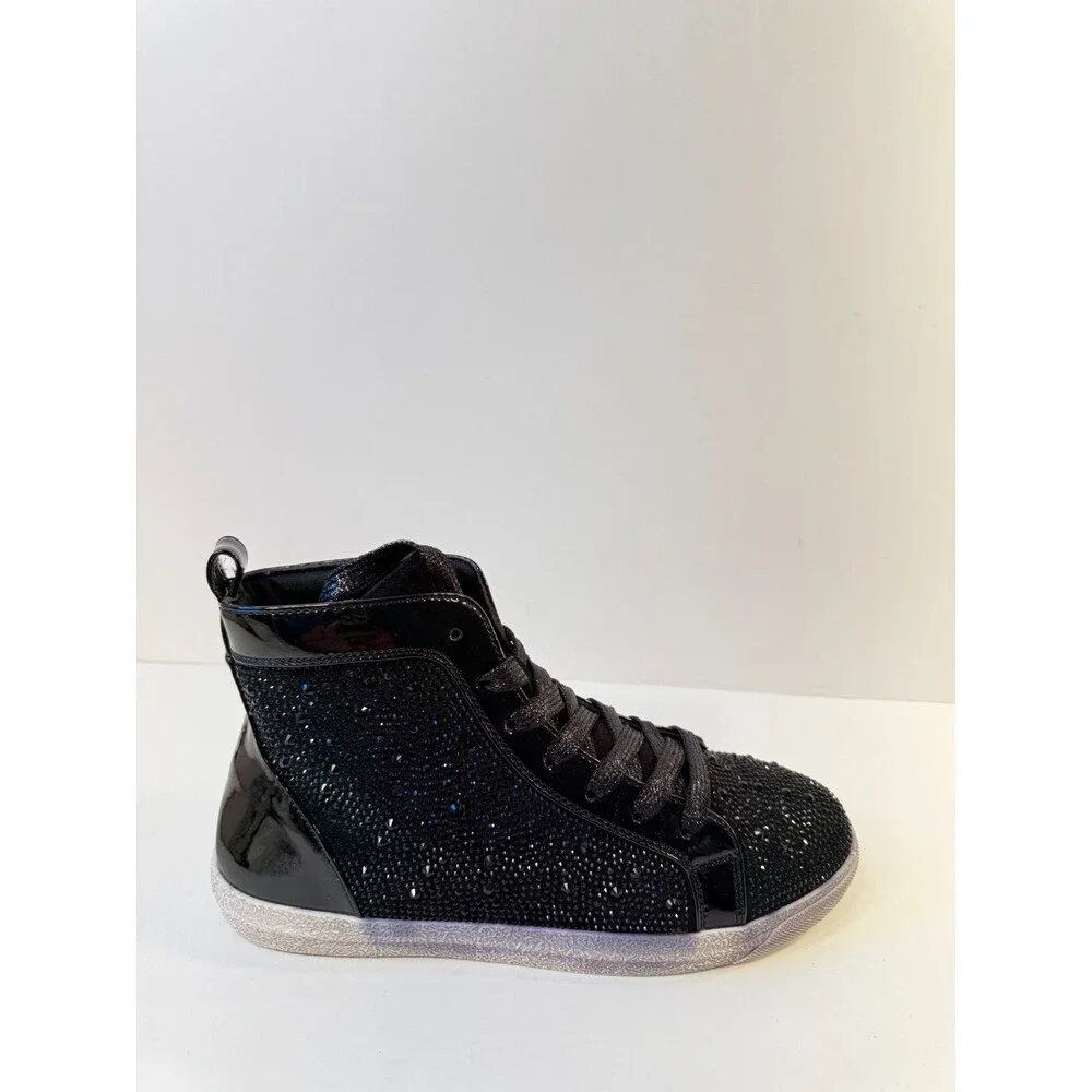 Ninety Union High Top Athletic Fashion Sneaker with Rhinestones, Black, 7